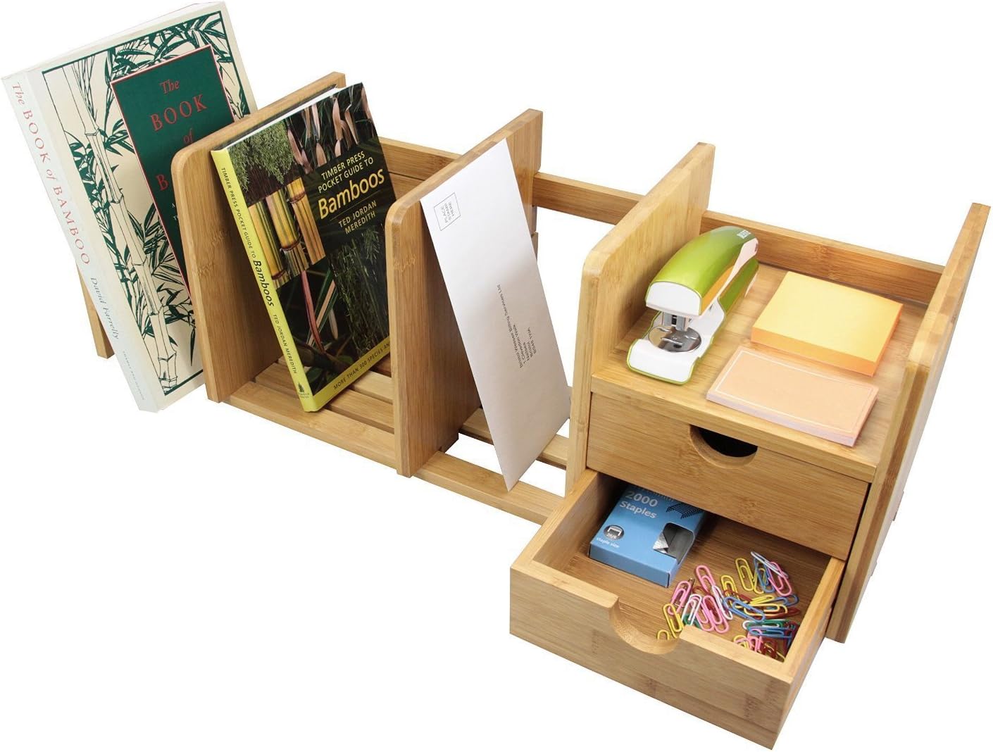 Amazon.com : Natural Bamboo Desk Organizer with Extendable Storage and Two Drawers for Office and Home, Expandable Desk Tidy Bamboo Bookshelf : Office Products