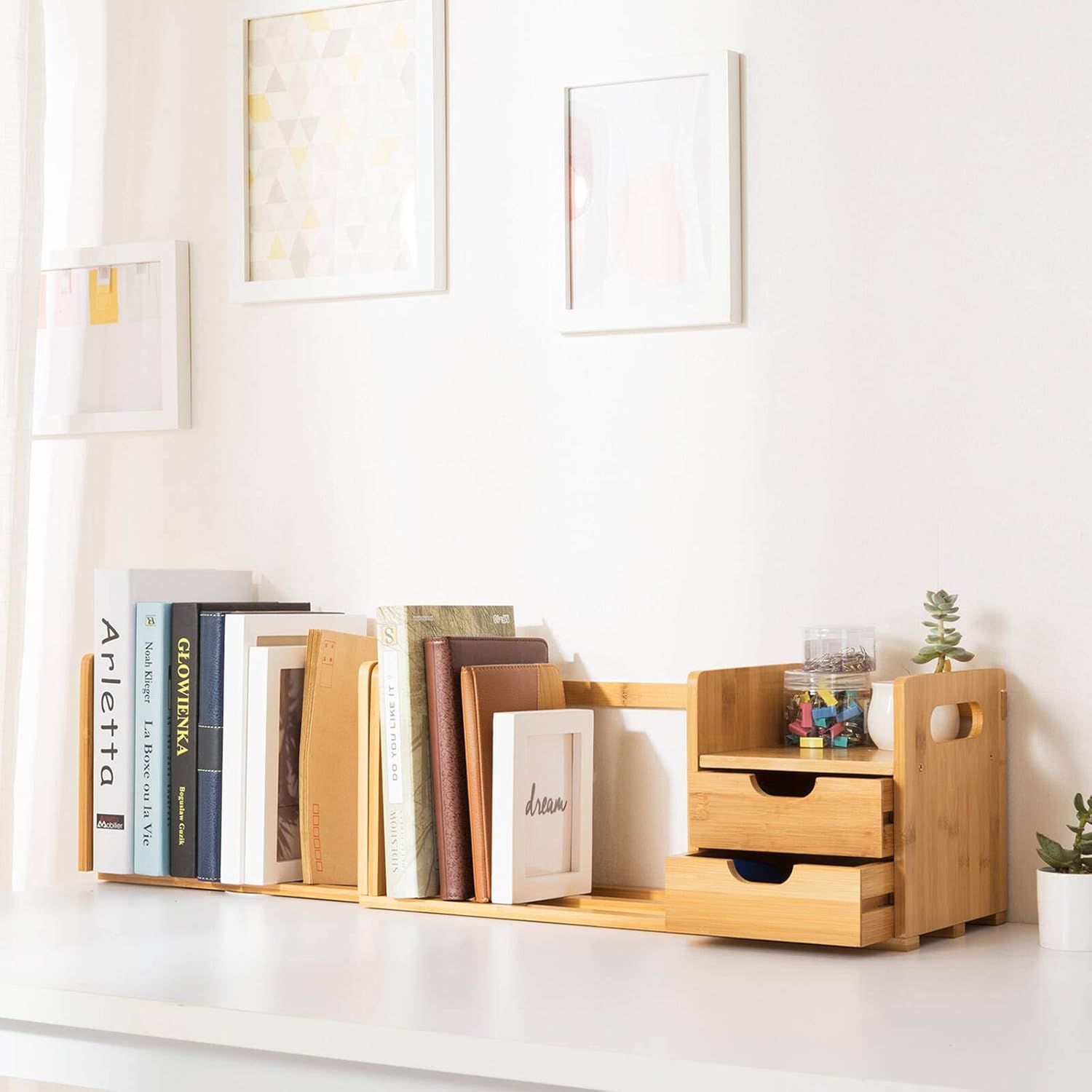 Amazon.com : Ollieroo Natural Bamboo Desk Organizer with Extendable Storage for Office and Home, CD Holder Media Rack : Office Products
