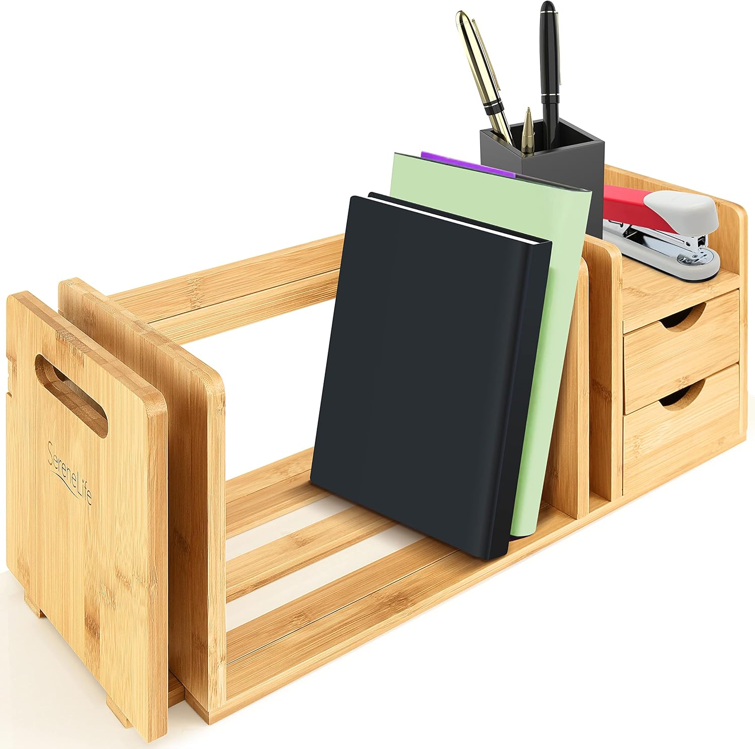 Amazon.com: SereneLife Bamboo Wood Expandable Desk Organizer - Desktop Tabletop Organic Wooden Filing Organization Bookshelf w/Storage Drawer, for Book, Home Office File, Paper, Supplies, Cookbook SLDCAB180 : Office Products