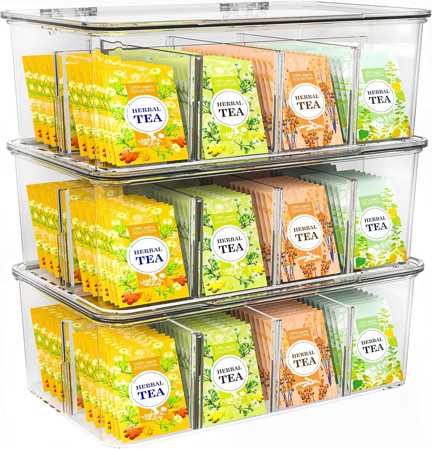 Amazon.com: Utopia Home - Tea Bag Organizer With Lids, Clear Pantry Storage Box - (3 Pack) Stackable Partition Organizers or Holder With Lids For Drawers, Countertops, Fridge, Kitchen, Snack & Spice Organization: Home & Kitchen