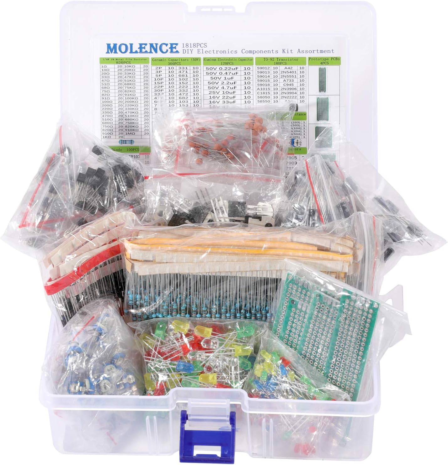 Amazon.com: ערכת רכיבי אלקטרוניקה DIY Molence, נגדיים 1818PCS, לד, טריודה, קבלים, דיודות, PCB, פוטנציומטר, התנגדות משתנה, סטבילוולט לארדואינו UNO MEGA2560 רספברי פיי MCU