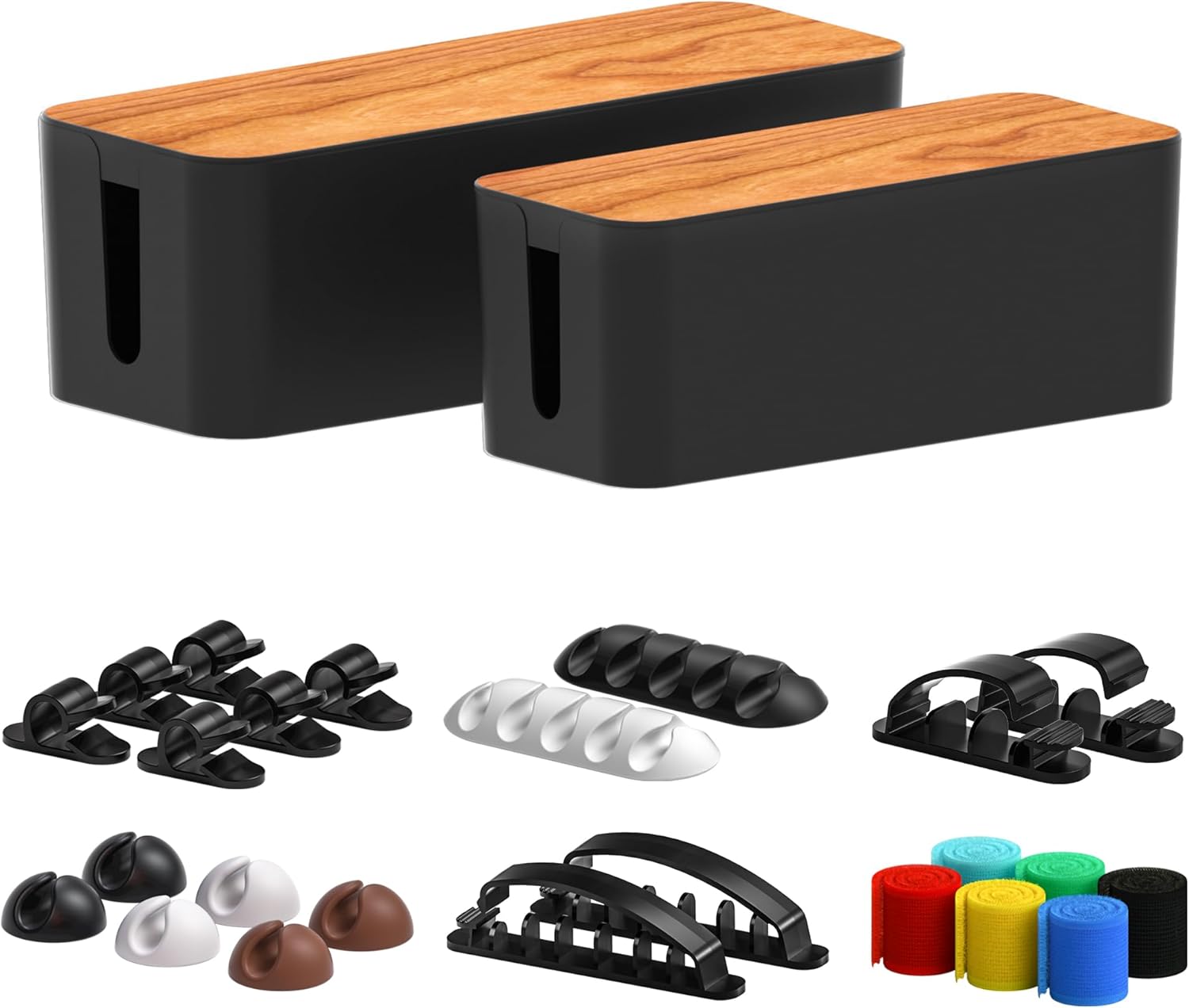 Amazon.com: Cable Management Box 2 Pack with 16 Cable Clips Set-Large & Medium & Small Wooden Style Cable Organizer Box to Hide Wires&Power Strips | Cord Organizer Box | Cable Organizer for Home & Office [Black] : Home & Kitchen