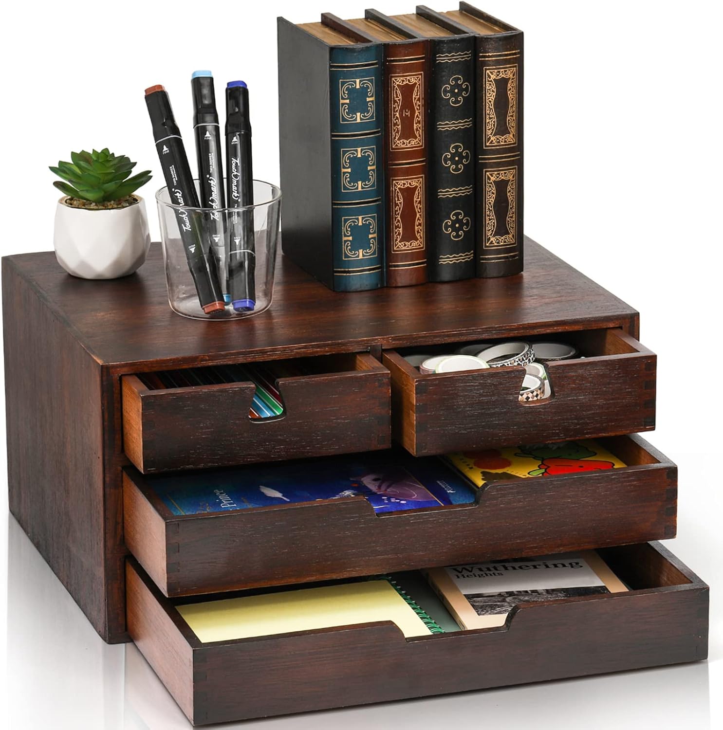 Amazon.com: DEAYOU Bamboo Desk Organizer, 100% Natural Bamboo Desktop Drawer Organizer, Dark Brown Tabletop Storage Cabinet Organization Box with 4 Drawer for Makeup, Letter, Home, 3 Layer, Fully Assemble : Office Products