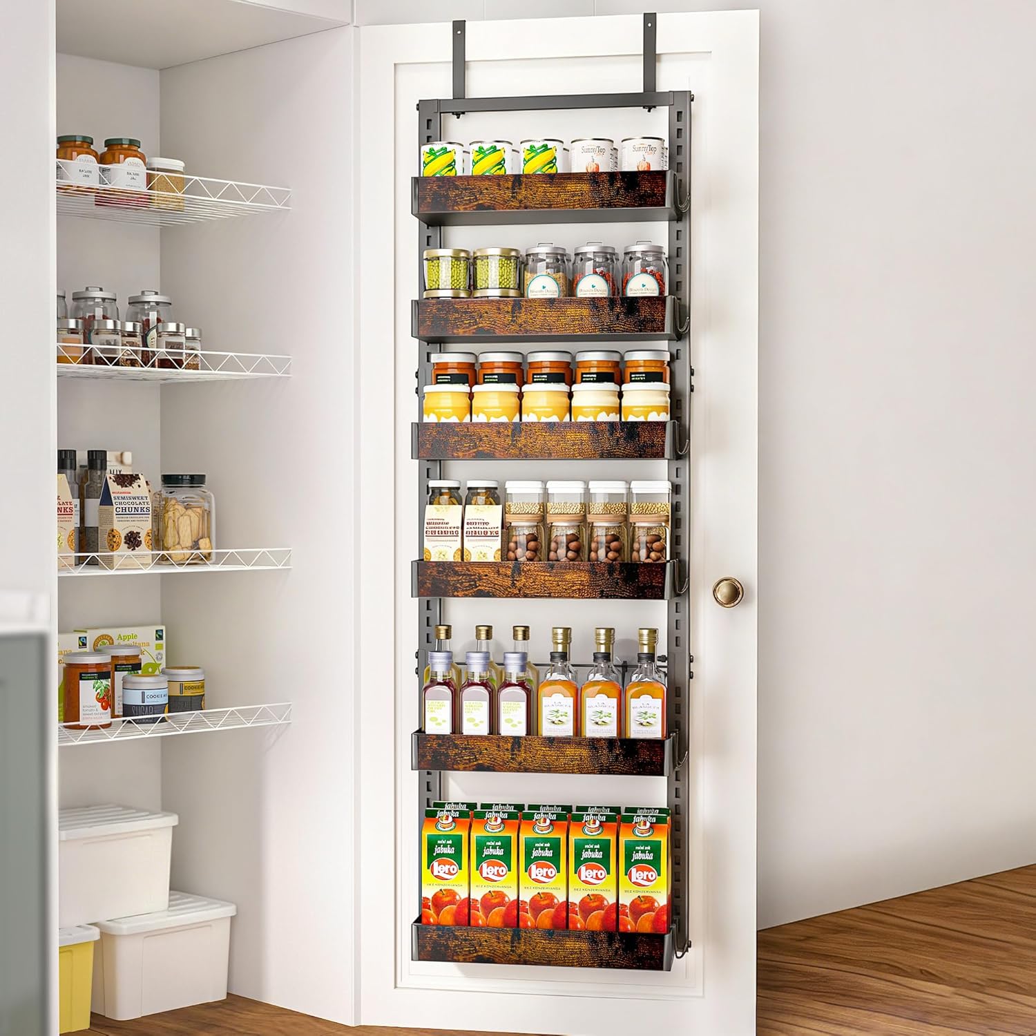 Amazon.com: BUKFEN 6-Tier Over the Door Pantry Organizer, 2-in-1 Door Hanging or Wall Mounted Spice Rack with Adjustable Wooden Baskets, Heavy Duty Metal Storage Shelf, 12 Hooks for Kitchen, Bathroom, Closet : Home & Kitchen
