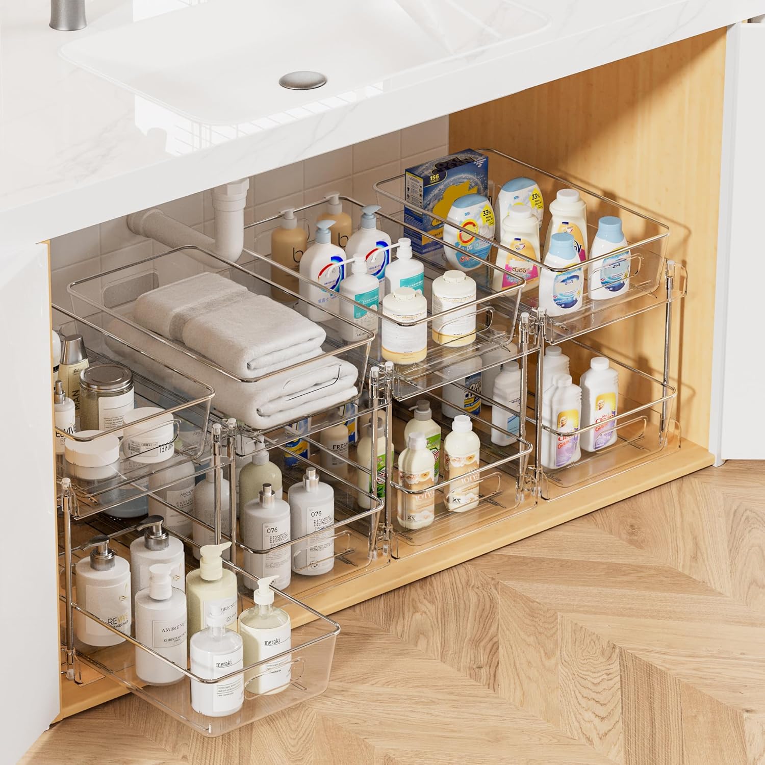 Amazon.com: Vtopmart 4 Pack Bathroom Organizer, 2 Tier Clear Under Sink Organizers Vanity Countertop Storage Container,Cabinet Drawers Bins, Pull-Out Organization with Track for Pantry, Kitchen : Home & Kitchen