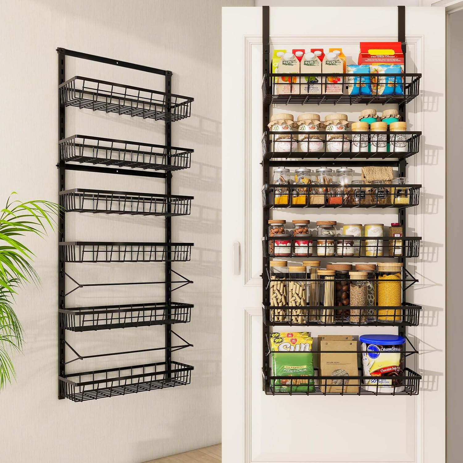 Amazon.com: Mefirt Over The Door Pantry Organizer, Pantry Storage and Organization, 6-Tier Adjustable Hanging Baskets, Metal Wall Mount Spice Rack Seasoning Shelves for Home & Kitchen, Laundry Bathroom - Black : Home & Kitchen
