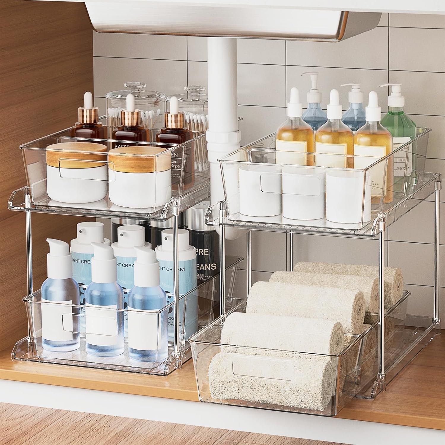 Amazon.com: Fabspace Pull-out Home Organizer, 2 Pack 2 Tier Clear Bathroom Organizer with Dividers, Multipurpose Vanity Counter Tray, Kitchen, Closet Organizers, Cabinet & Storage Container Bins : Home & Kitchen