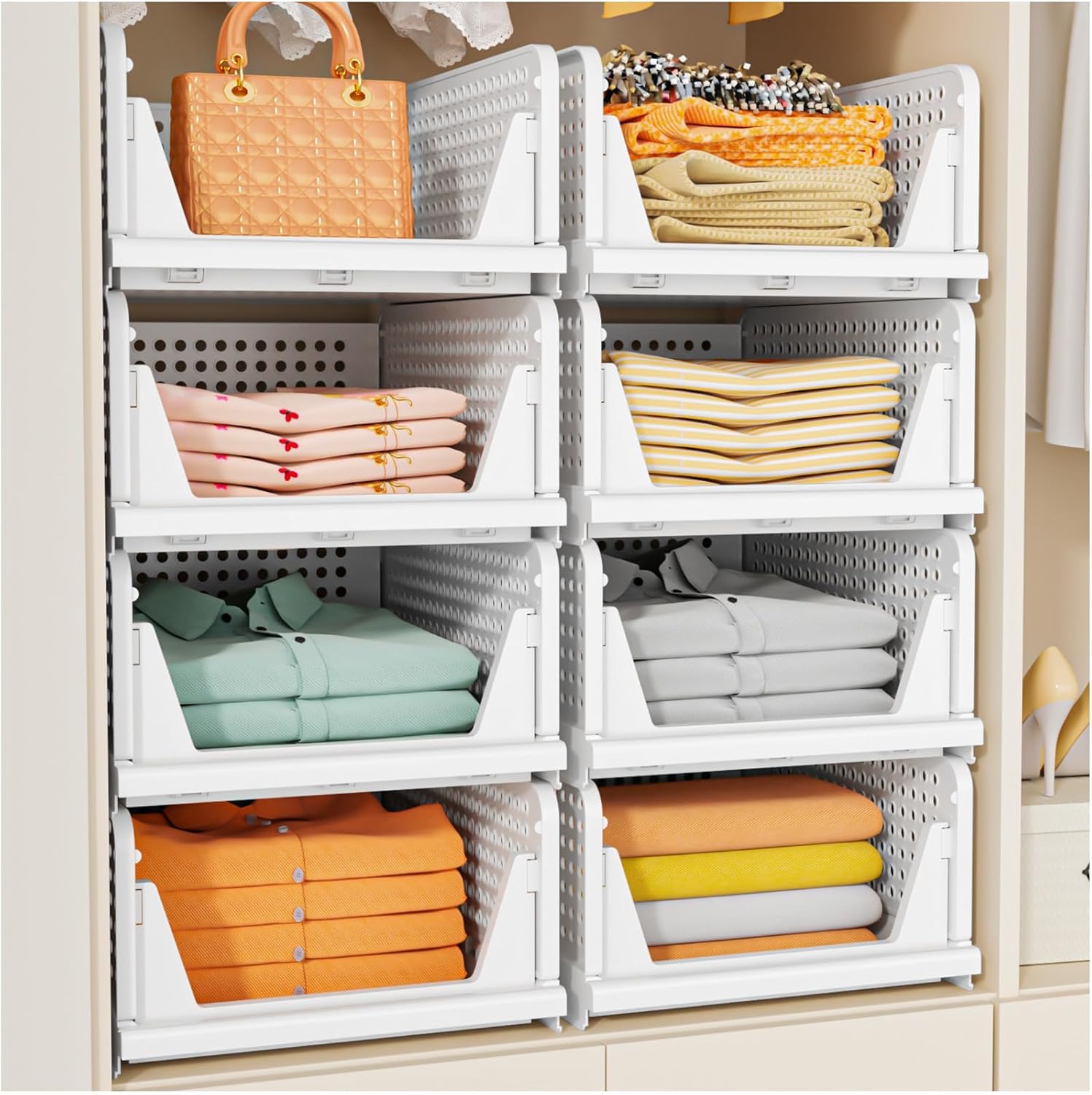 Amazon.com: SNSLXH 5 Pack Stackable Closet Storage Basket, Multifunctional & Foldable Closet Organizer for Bathroom Kitchen Laundry Room Wardrobe Storage, Space-Saving Clothes Storage Drawer Organizer, White : Home & Kitchen