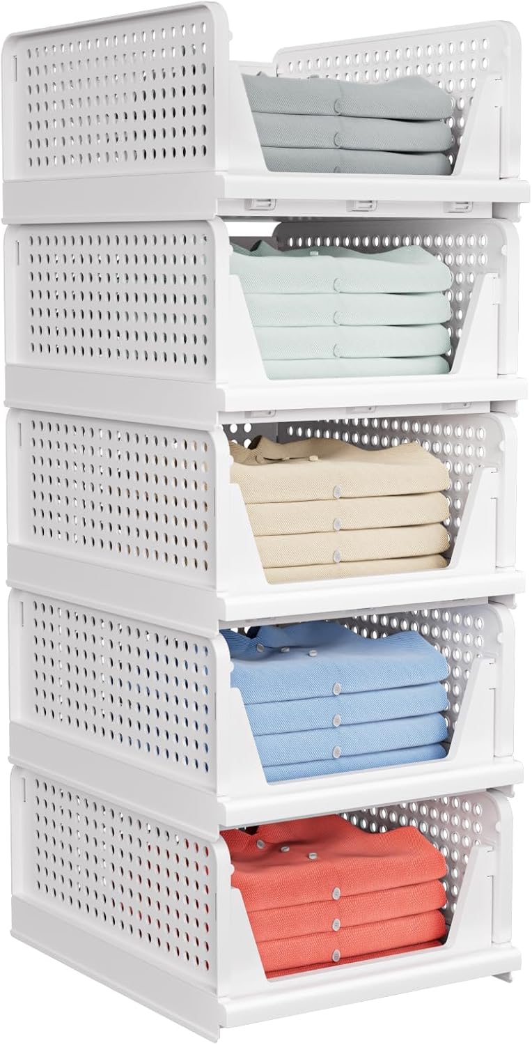 Amazon.com: 5 Pack Stackable Closet Storage Basket - Stackable Storage Bins, Multifunctional & Foldable Closet Organizer Waterproof, Wardrobe Cupboard Space-Saving Hat Storage Drawer Organizer, White : Home & Kitchen
