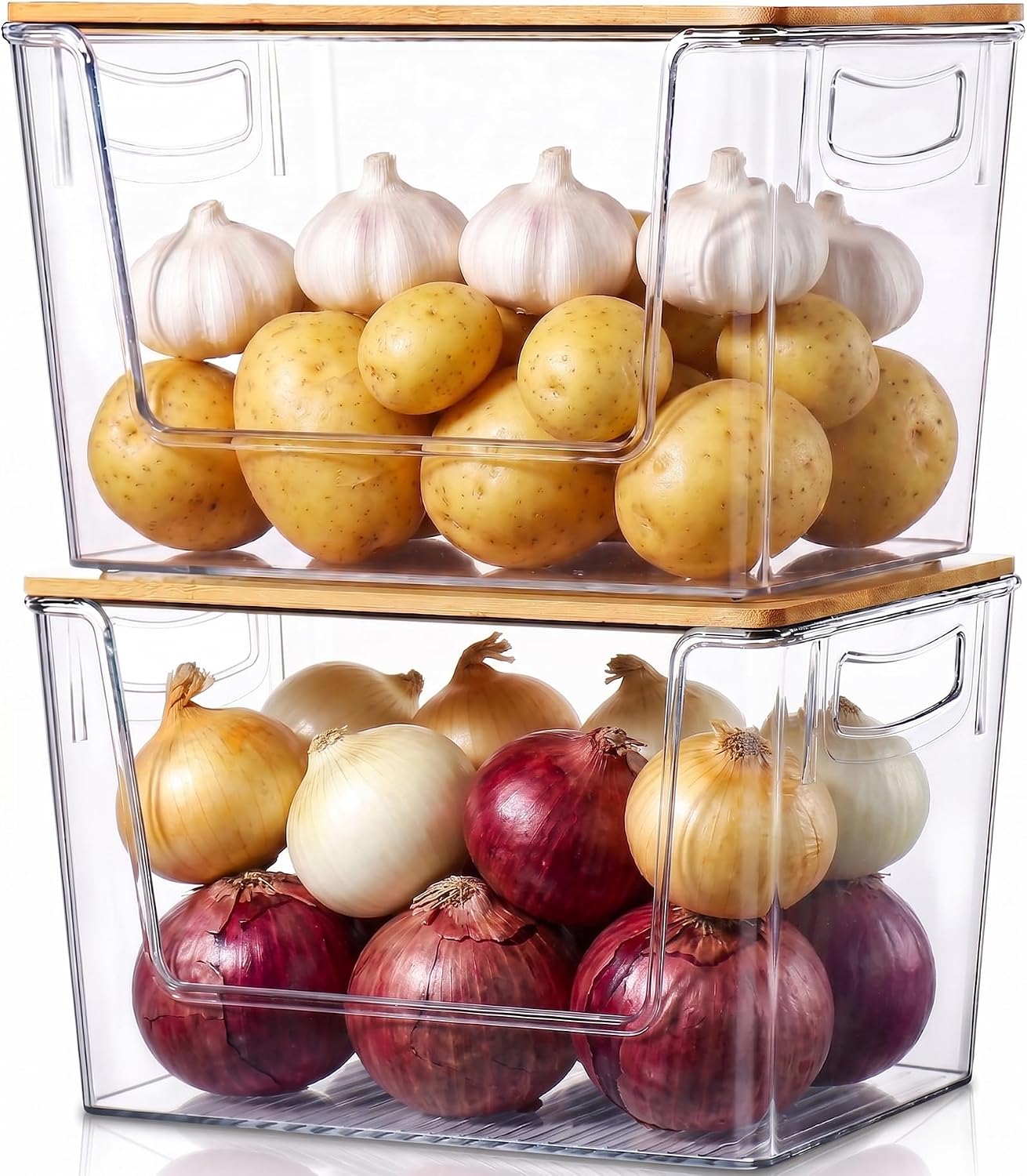 Amazon.com: Pantry Organizers Storage, 2 Pack Large Capacity Clear Storage Bins with Bamboo Lids for Onion, Potato, Garlic, Canned Food, Under Sink Organizer Kitchen Countertop Organizer: Home & Kitchen
