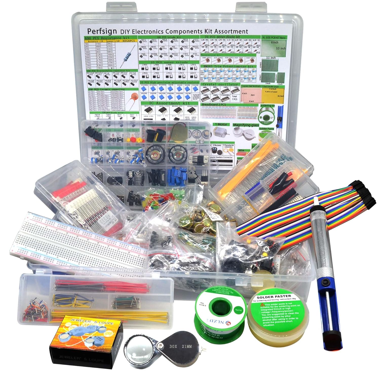 סט שלם ענק DIY לקט רכיבים אלקטרוניים XXXXL, IC, PCB, לוח ניסוי, ג'מפר, זכוכית מגדלת, נגדיים, קבלים, לד, טריודה, פוטנציומטר, רמקולים, 2300 יחידות