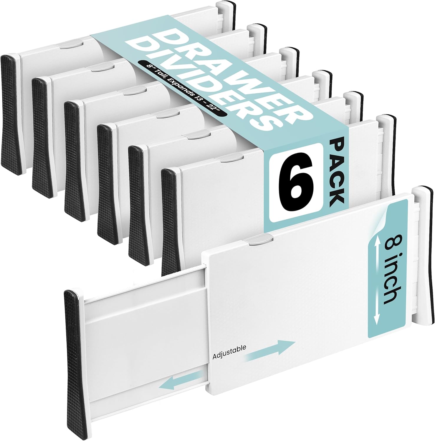 Amazon.com: RAPTUROUS Adjustable Drawer Dividers, 8" Tall, Expandable 13.35-22", 6-Pack, Non-Slip for Deep Drawers in Kitchen, Bedroom, and Closet (White) : Office Products
