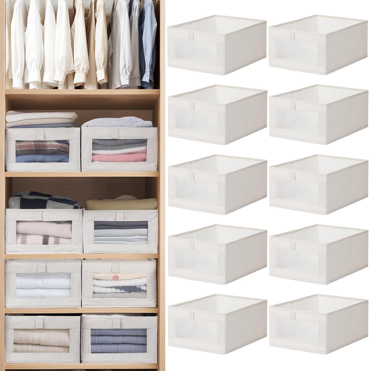 Amazon.com - 10 Pack Linen Closet Organizers And Storage, Closet Storage Bins for Closet Organization, Linen Closet Baskets Foldable Closet Organizer Bins with Clear Window For Organizing Clothing, Jeans