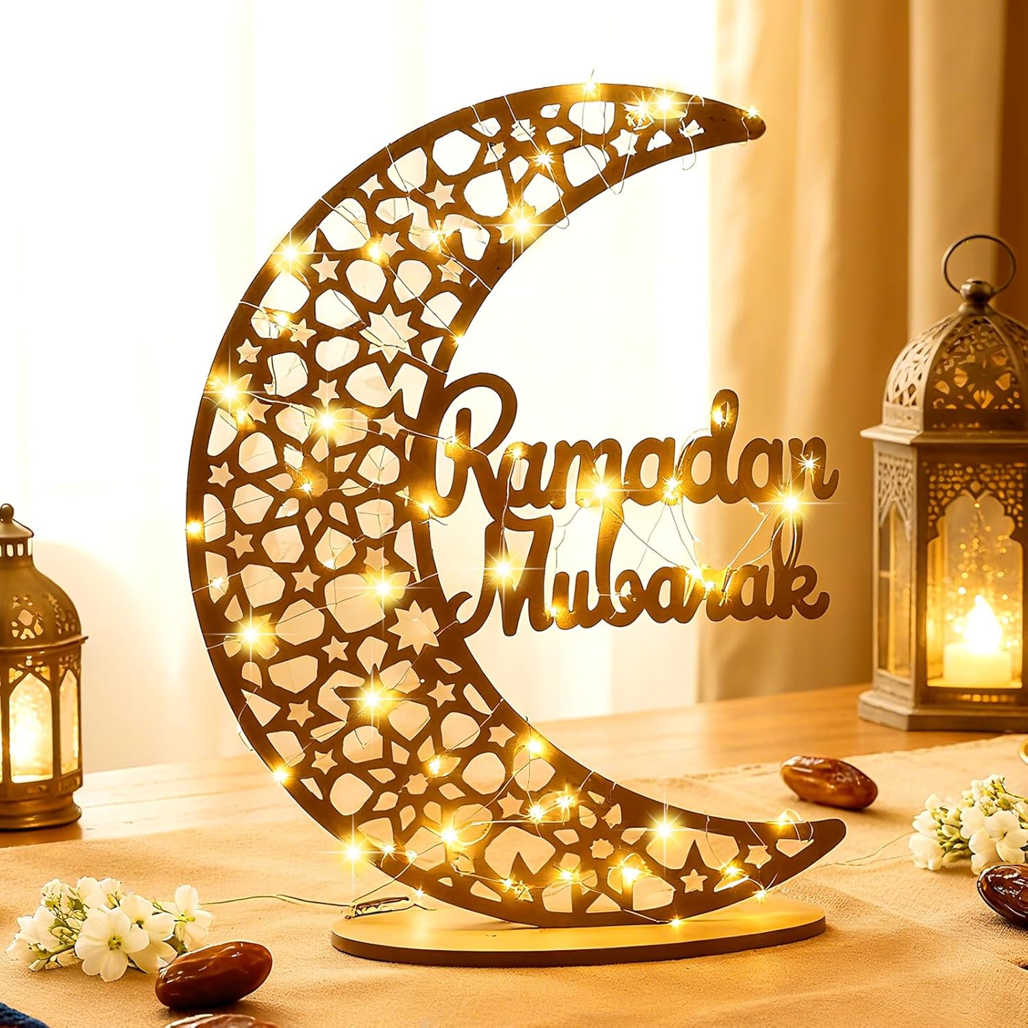 DoubleFill Eid Mubarak Ramadan Crescent Moon Star Light 27.56 x 20.67 Inches LED Wooden Ramadan Mubarak Decoration Eid Gift for Home Bedroom Floor Yard Lawn Islamic Outdoor Decor(Typical) - Amazon.com