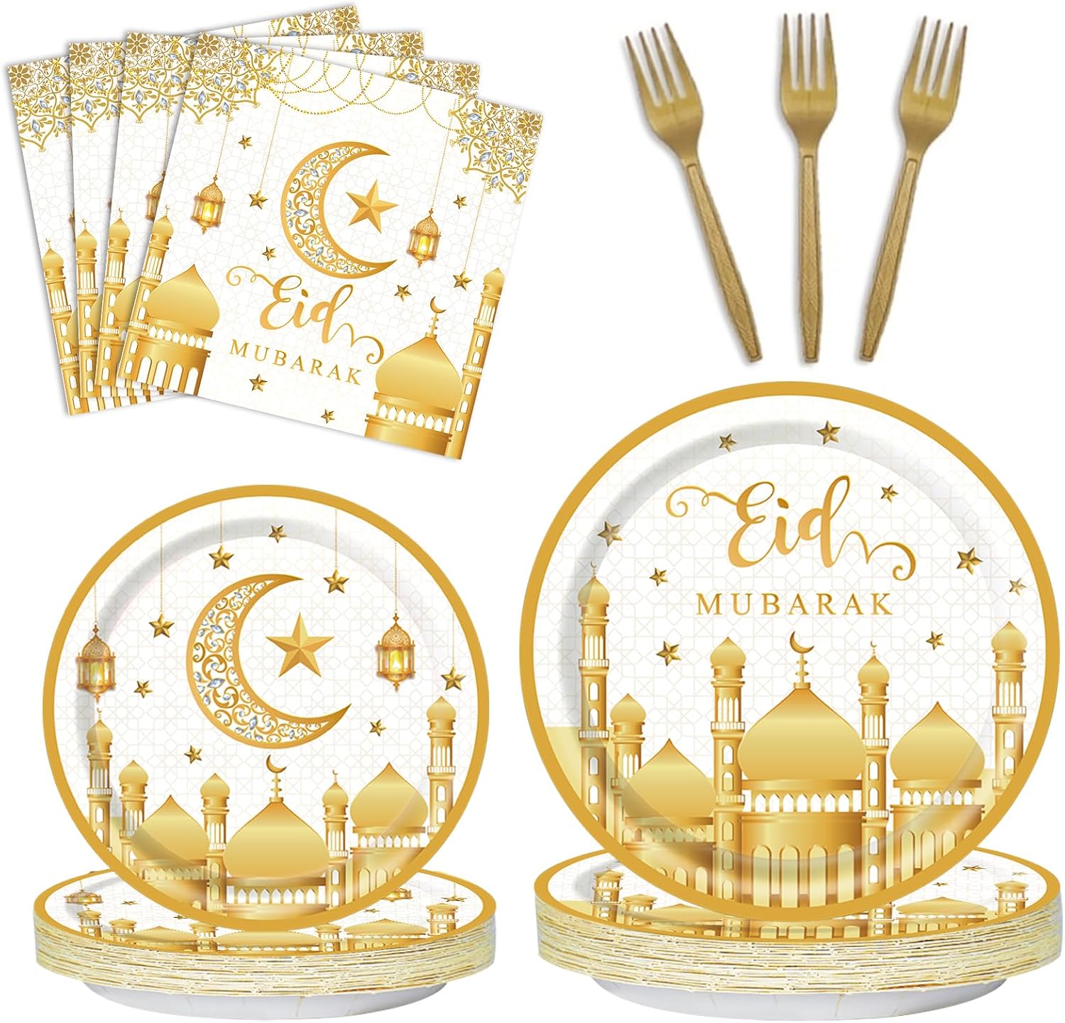 Amazon.com: QIFU 96 Pcs Eid Mubarak Decorations for Home with Festival Paper Plates, Dessert Plates, Napkins and Forks Sets for Eid al-Fitr Decor al-Adha Festival Ramadan Mubarak Muslim Islamic Supplies Serves 24 : Health & Household