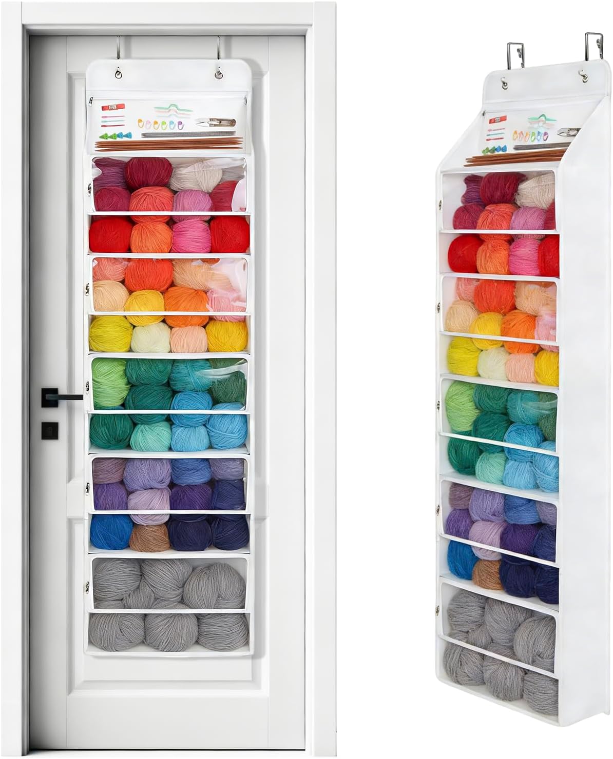 Amazon.com: Hanging Yarn Storage Organizer, Large Capacity Knitting Organizer Storage with 6 Zipper Closure Compartments, Over the Door Hanging Yarn Holder for Knitting Needles, Crochet Hooks (Clear White)