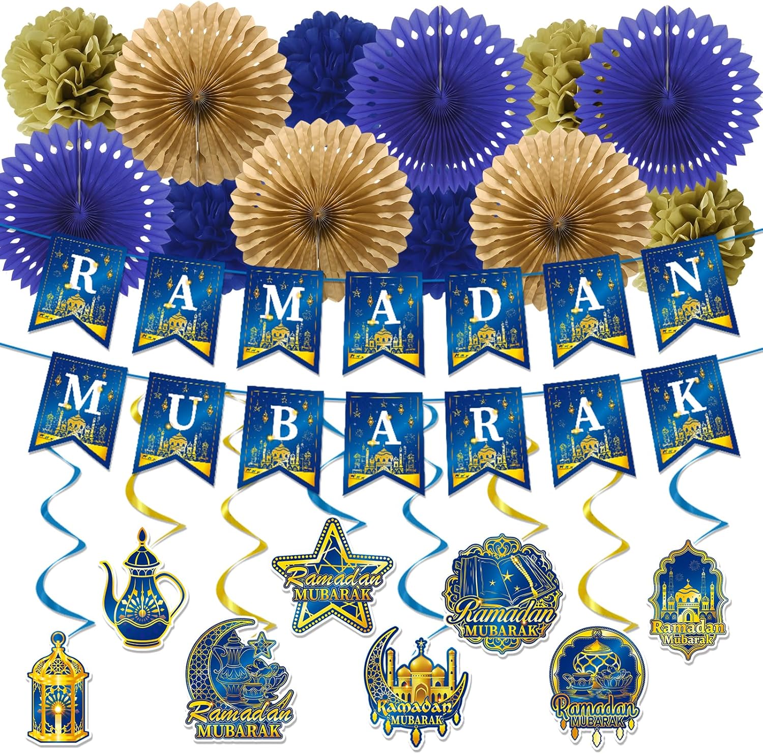 Amazon.com: Rakuto Eid Mubarak Decorations Kit, 22PCS Blue Ramadan Decoration for Home with Banners Hanging Swirls Paper Fans, Islamic Star Moon Themed Party Paper Poms Supplies for Home and Weddings : Home & Kitchen
