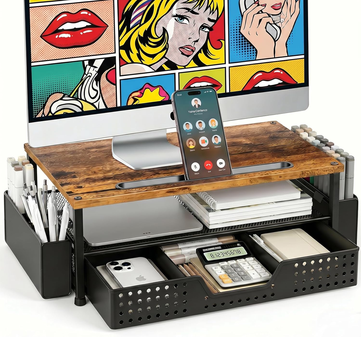 Amazon.com: Desk Organizer and Accessories, 2-Tier Computer Monitor Stand Rise with Phone Holder, Drawer & 2 Pen Holders, Laptop & Printer Stand for Desktop, Workspace Organizers for Office Supplies (Brown Wood) : Electronics