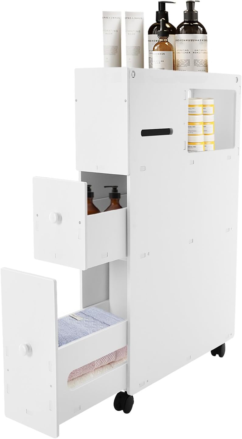 Amazon.com: GDIFLS キャスター＆引き出し付きスリムバスルーム収納キャビネット、トイレ横用フロアキャビネット、狭いスペース向けホワイトバスルームオーガナイザー（トイレットペーパーホルダー付き） : ホーム＆キッチン